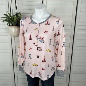 Kate‎ Spade New York Pink Christmas Pajama Top Button Henley Long Sleeve Size XS